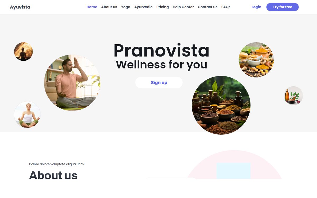 Ayuvista wellness website hero with yoga and Ayurvedic imagery