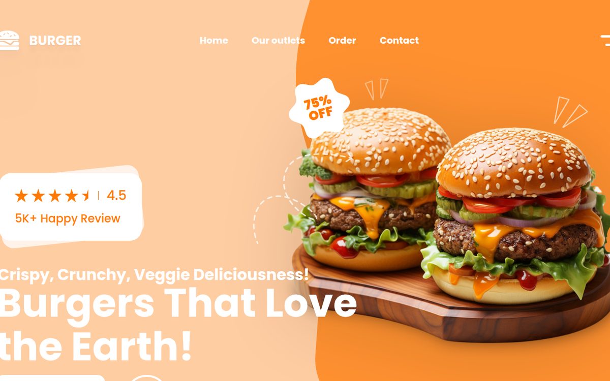 Burger restaurant landing page with two burgers on an orange background